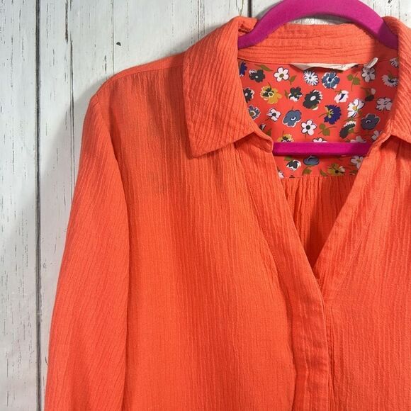 Soft Surroundings Gauze Artisan Roll Tab Sleeve Orange Boho Button Detail Blouse - Picture 3 of 16